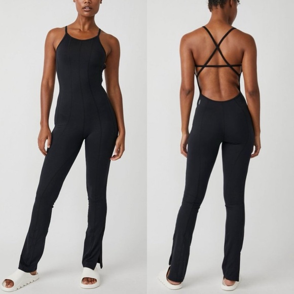 Free People Heat Waves Strappy Flare Leg Onesie Jumpsuit Black - Picture 8 of 8